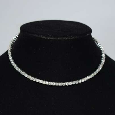 Women's Rhinestone Embellished Oversize Choker Necklace, Silver Color, Jewelry Accessory For Party