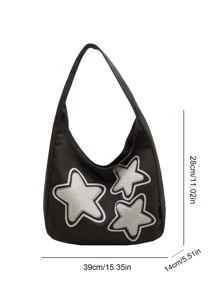 1 件拼色灯芯绒星星装饰单肩包，时尚大容量斜挎书包，带防盗拉链，适合学生和节日礼物 - 黑色 - 查看 4