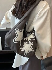1 件拼色灯芯绒星星装饰单肩包，时尚大容量斜挎书包，带防盗拉链，适合学生和节日礼物 - 黑色 - 查看 7