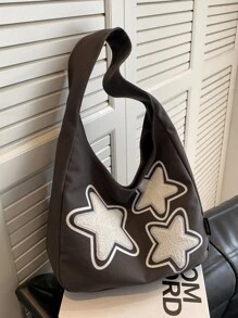 1 件拼色灯芯绒星星装饰单肩包，时尚大容量斜挎书包，带防盗拉链，适合学生和节日礼物 - 黑色 - 查看 3