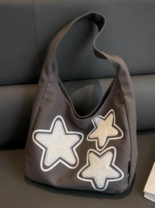 1 件拼色灯芯绒星星装饰单肩包，时尚大容量斜挎书包，带防盗拉链，适合学生和节日礼物 - 黑色 - 查看 1