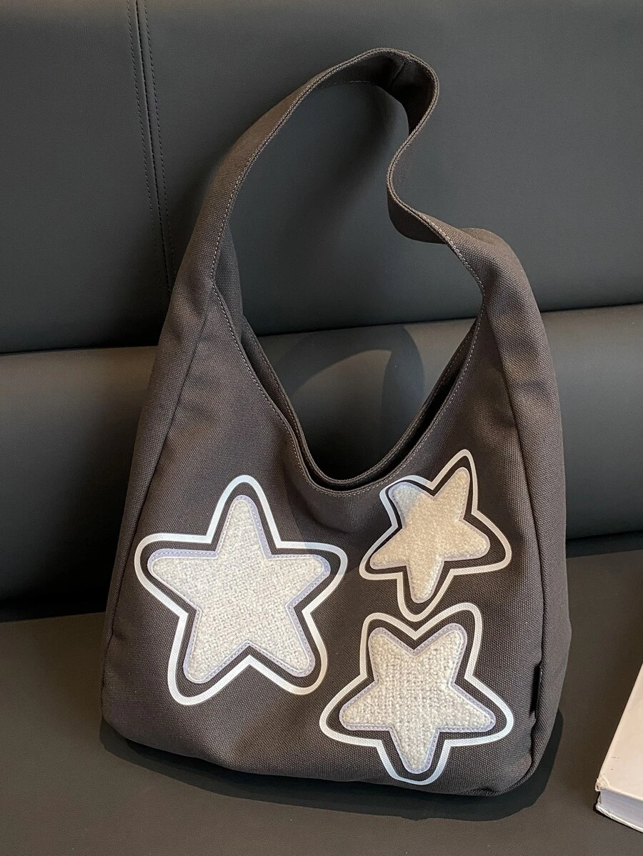 1 件拼色灯芯绒星星装饰单肩包，时尚大容量斜挎书包，带防盗拉链，适合学生和节日礼物 - 黑色 - 查看 1