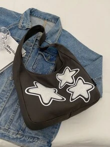 1 件拼色灯芯绒星星装饰单肩包，时尚大容量斜挎书包，带防盗拉链，适合学生和节日礼物 - 黑色 - 查看 5