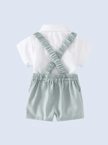 2pcs Young Boy Set With Bow Tie White Shirt And Bib Pants, Suitable For Birthday Party, Wedding, Celebration - Green - View 4