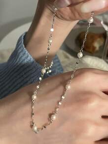 1入組純的S925銀復古簡單優雅珍珠鏈條樣式項鍊適合女士女孩時尚新潮翻領鏈條派對日常生活首飾類禮品
