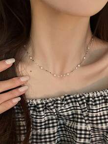 1入組純的S925銀復古簡單優雅珍珠鏈條樣式項鍊適合女士女孩時尚新潮翻領鏈條派對日常生活首飾類禮品