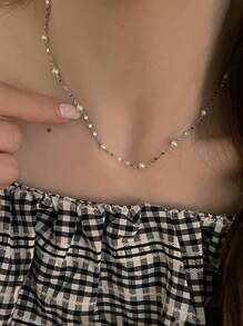 1入組純的S925銀復古簡單優雅珍珠鏈條樣式項鍊適合女士女孩時尚新潮翻領鏈條派對日常生活首飾類禮品