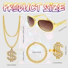 4入組嘻哈服裝套裝,嬉皮配件包括迪斯可美元符號項鍊、戒指、復古太陽眼鏡、金色手鐲,適用於誇張派對裝扮,適用於饒舌歌手女士男士