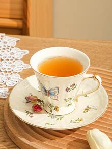 法國復古陶瓷杯子套裝帶昆蟲&印花(1杯子&1盤子) - 杏色 - 查看 6
