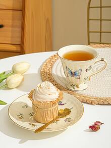 法國復古陶瓷杯子套裝帶昆蟲&印花(1杯子&1盤子) - 杏色 - 查看 8