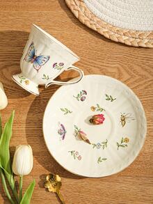 法國復古陶瓷杯子套裝帶昆蟲&印花(1杯子&1盤子) - 杏色 - 查看 7