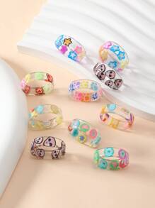 Set Of 10 Resin Fruit & Heart Shaped Fashion Rings For Teen Girls - Multicolor - View 1