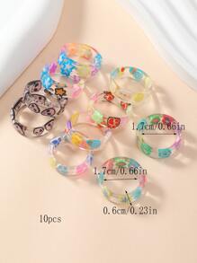 Set Of 10 Resin Fruit & Heart Shaped Fashion Rings For Teen Girls - Multicolor - View 4
