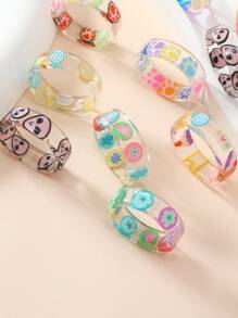 Set Of 10 Resin Fruit & Heart Shaped Fashion Rings For Teen Girls - Multicolor - View 2