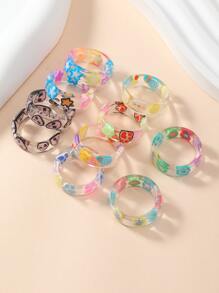 Set Of 10 Resin Fruit & Heart Shaped Fashion Rings For Teen Girls - Multicolor - View 3