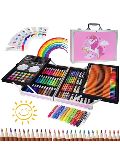 Kit de 145 Piezas de Suministros de Dibujo y Arte, Set de Arte Profesional, Boceto y Dibujo de Arte Kit, Kit de Pintura con Caja de Aluminio, Juego de Pintura de Acuarela Plegable