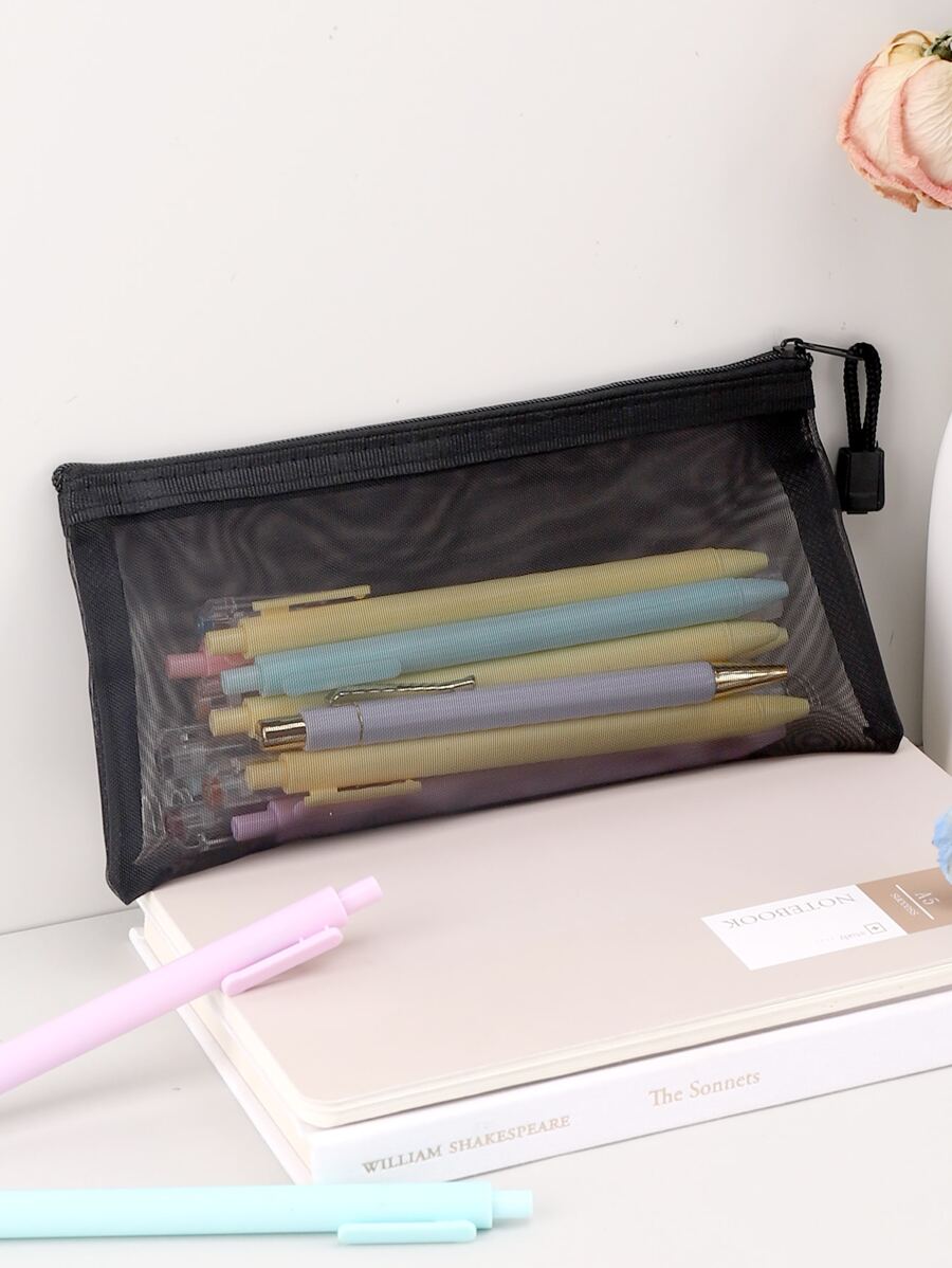 1/2/5pcs Simple Black Mesh Pencil Case Stationery,Pencil Pouch,School Bag - Black - View 1