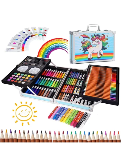 Kit de 145 Piezas de Suministros de Dibujo y Arte, Set de Arte Profesional, Boceto y Dibujo de Arte Kit, Kit de Pintura con Caja de Aluminio, Juego de Pintura de Acuarela Plegable