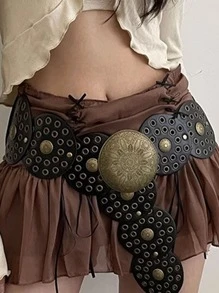 波西米亚风 1 件装 PU 女式黑色西部风格镂空金属圆扣腰带万圣节夏季、学校秋季、秋季、万圣节 - 黑色 - 查看 1