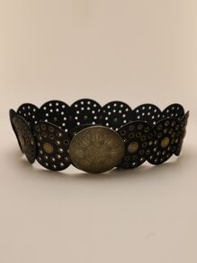 波西米亚风 1 件装 PU 女式黑色西部风格镂空金属圆扣腰带万圣节夏季、学校秋季、秋季、万圣节 - 黑色 - 查看 2