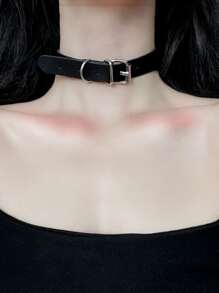1pc Punk Style Belt Buckle Choker Necklace, Simple Rock Gothic Neckband For Girls - Black - View 3