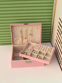1pc Minimalist Double Layer Jewelry Storage Box With Large Capacity And Multiple Compartments - Pink - View 1