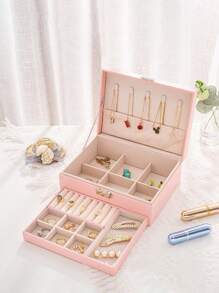 1pc Minimalist Double Layer Jewelry Storage Box With Large Capacity And Multiple Compartments - Pink - View 4