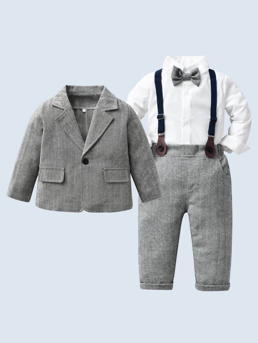 3pcs Young Boys Gentleman Outfit - White Long Sleeve Shirt With Bow Tie, Grey Suit Jacket And Pants, Suitable For Birthday Party, Wedding, Christening, Anniversary - Grey - View 1