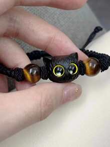 1pc Cute Cartoon Kitty Cat Design Braided Bracelet, Unisex Couple Style - Yellow - View 3
