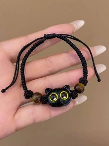 1pc Cute Cartoon Kitty Cat Design Braided Bracelet, Unisex Couple Style - Yellow - View 1