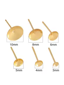 50pcs Stainless Steel Blank Earrings Pearl Cup Ear Studs Base Pins Round Cabochon Tray Settings DIY Pearl Ear Post Pin Findings - Gold - View 2