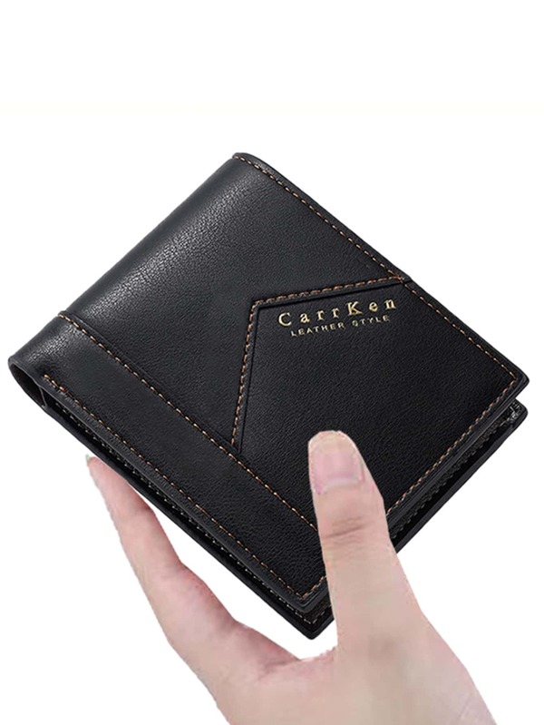 1pc Men'S Short Wallet, High-Capacity Card Holder With Hot-Stamped Logo, Zipper Coin Pouch
