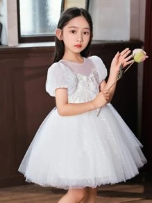 Vestido De Princesa Blanco Brillante Bordado Para Niñas Pequeñas Para Bodas, Cumpleaños, Interpretación De Piano, Ocasiones Formales Con Mangas Cortas Y Falda De Tul - Blanco - Ver 3