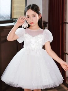Vestido De Princesa Blanco Brillante Bordado Para Niñas Pequeñas Para Bodas, Cumpleaños, Interpretación De Piano, Ocasiones Formales Con Mangas Cortas Y Falda De Tul - Blanco - Ver 1