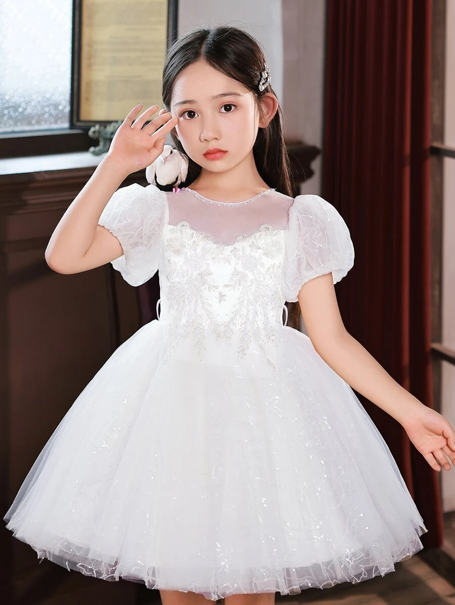 Vestido De Princesa Blanco Brillante Bordado Para Niñas Pequeñas Para Bodas, Cumpleaños, Interpretación De Piano, Ocasiones Formales Con Mangas Cortas Y Falda De Tul - Blanco - Ver 1