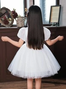 Vestido De Princesa Blanco Brillante Bordado Para Niñas Pequeñas Para Bodas, Cumpleaños, Interpretación De Piano, Ocasiones Formales Con Mangas Cortas Y Falda De Tul - Blanco - Ver 4