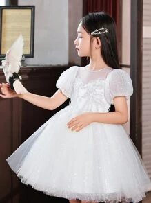 Vestido De Princesa Blanco Brillante Bordado Para Niñas Pequeñas Para Bodas, Cumpleaños, Interpretación De Piano, Ocasiones Formales Con Mangas Cortas Y Falda De Tul - Blanco - Ver 2