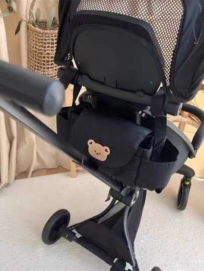 1pc Portable Baby Stroller Hanging Bag With Cartoon Teddy Bear Embroidery Mummy Bag, Baby Stroller Storage Bag, Children's Bed Hanging Storage Basket Bag