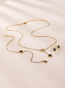 4 件套秋冬新款时尚优雅女士黑色方形油滴 18K 镀金不锈钢项链和耳环套装，适合圣诞节、万圣节、情人节、约会、舞会、婚礼季节和波西米亚风格假期、妈妈、母亲、母亲节、礼物 - 金黃色 - 查看 4