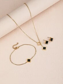 4 件套秋冬新款时尚优雅女士黑色方形油滴 18K 镀金不锈钢项链和耳环套装，适合圣诞节、万圣节、情人节、约会、舞会、婚礼季节和波西米亚风格假期、妈妈、母亲、母亲节、礼物 - 金黃色 - 查看 3