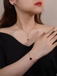4 件套秋冬新款时尚优雅女士黑色方形油滴 18K 镀金不锈钢项链和耳环套装，适合圣诞节、万圣节、情人节、约会、舞会、婚礼季节和波西米亚风格假期、妈妈、母亲、母亲节、礼物 - 金黃色 - 查看 2