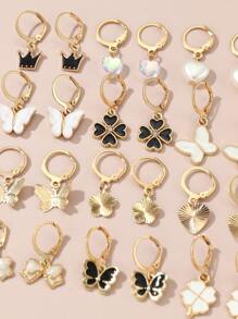 24 piezas Pendientes de niña con forma de corona, mariposa y gota de aceite en forma de corazón, decoración diaria - Multicolor - Ver 3