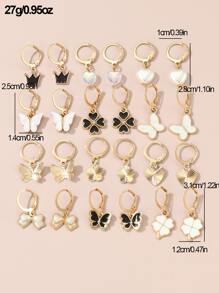 24 piezas Pendientes de niña con forma de corona, mariposa y gota de aceite en forma de corazón, decoración diaria - Multicolor - Ver 6