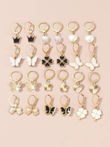 24 piezas Pendientes de niña con forma de corona, mariposa y gota de aceite en forma de corazón, decoración diaria - Multicolor - Ver 4