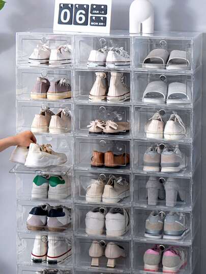 6pcs/set Fold Plastic Shoes Case Double Door Frame Thickened Transparent Drawer Case Stackable Box Dustproof Shoe Organizer