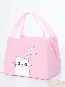 1pc Pink Cat Pattern Oxford Cloth Thermal Insulated Lunch Bag With Handle For Student/Office Workers, Fit For Aluminum Foil Lunch Box ,Kitchen,Christmas Gift - Pink - View 1