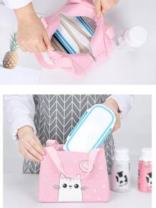 1pc Pink Cat Pattern Oxford Cloth Thermal Insulated Lunch Bag With Handle For Student/Office Workers, Fit For Aluminum Foil Lunch Box ,Kitchen,Christmas Gift - Pink - View 3