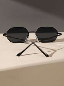 1 Pair Metallic Frame Geometric Square & Round Y2K Style Fashion Glasses, Suitable For Summer Beach Vacation And Outdoor Travel, Retro Geometric Frames, Suitable For Outings, Must-Have For Back To School Season - 灰色 - 查看 5
