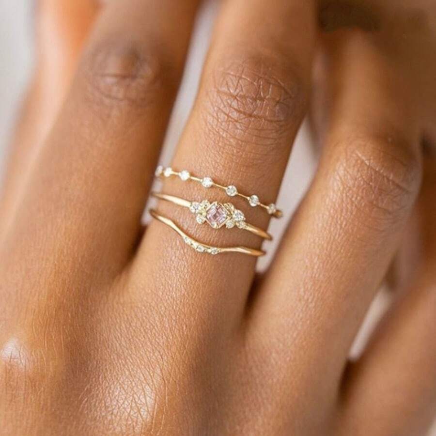 3入組設計優雅時尚的鑽石白色鋯石超薄指環裝飾,適用於約會、派對、婚禮、週年慶典等場合