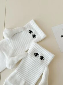 2pairs Men's Magnetic White Couple Socks For Holding Hands - White - View 2